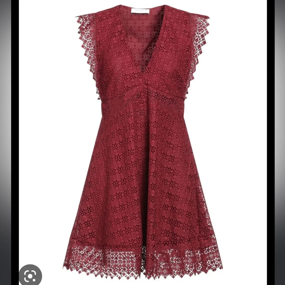 SANDRO CRANBERRY CROCHET LACE FIT & FLARE DRESS